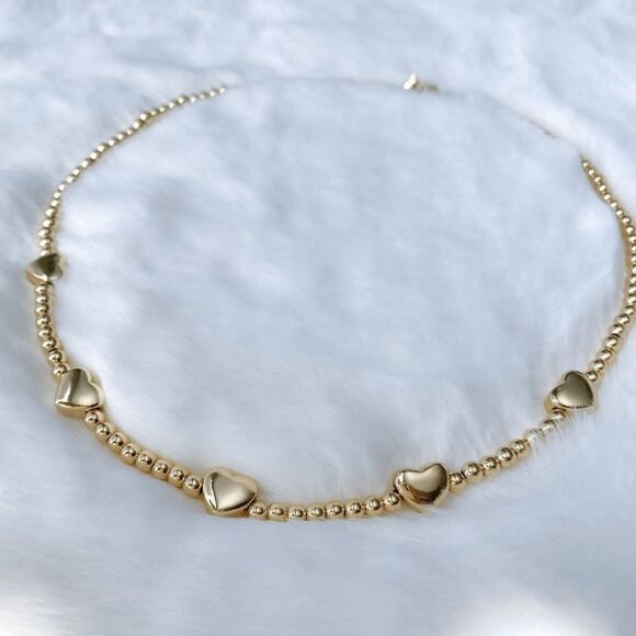 Gold Beaded Puffed Heart Saturn Necklace Choker - Picture 3 of 6